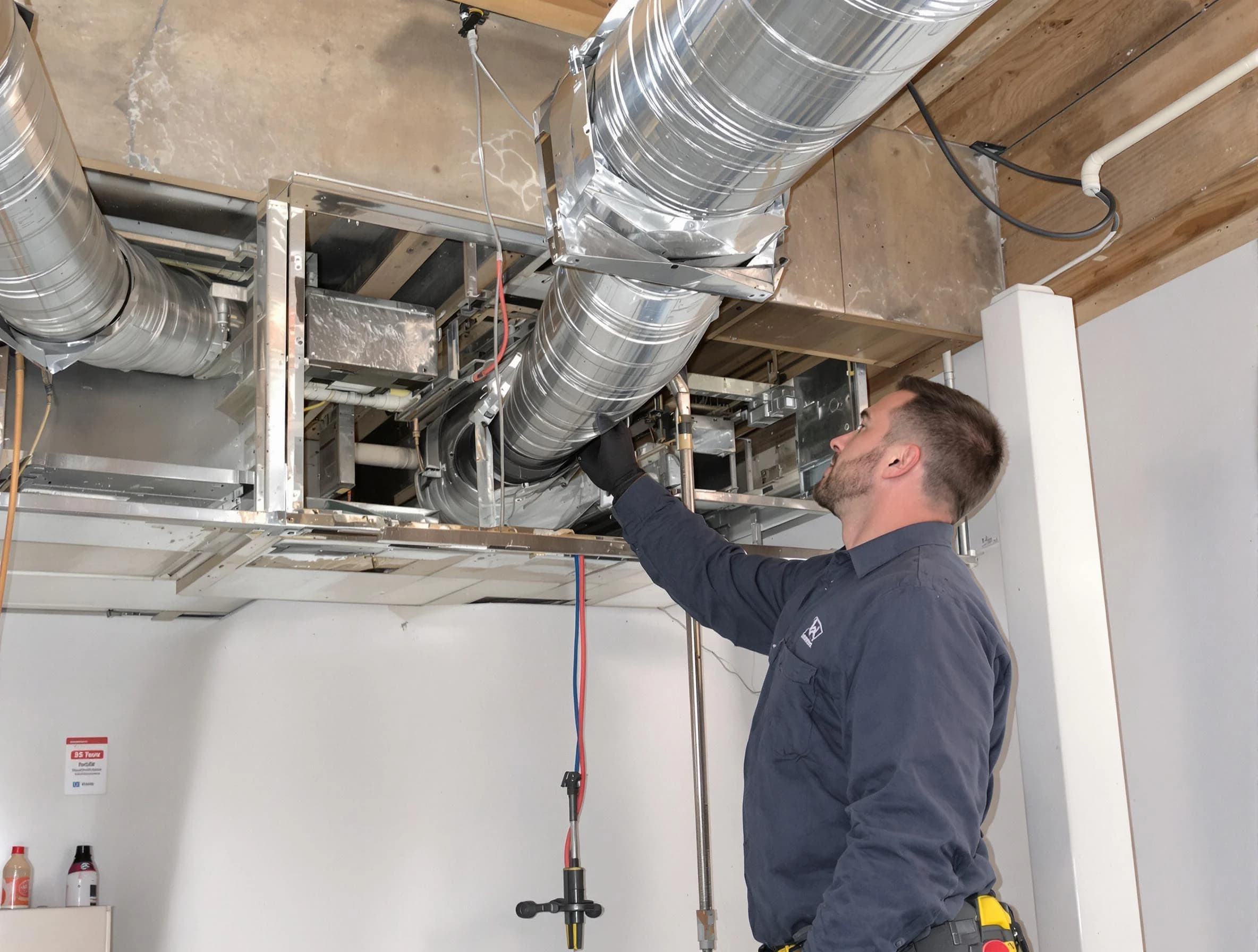 Forestdale Air Duct Cleaning technician performing professional air duct repair using specialized tools in Forestdale
